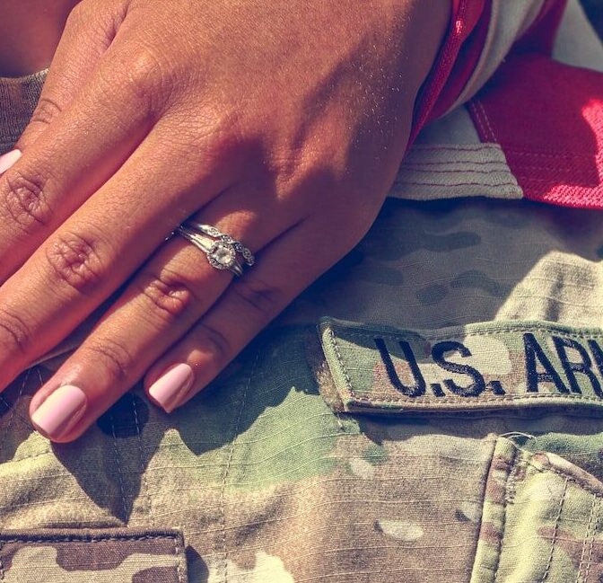 person wearing silver ring and green and beige camouflage pants